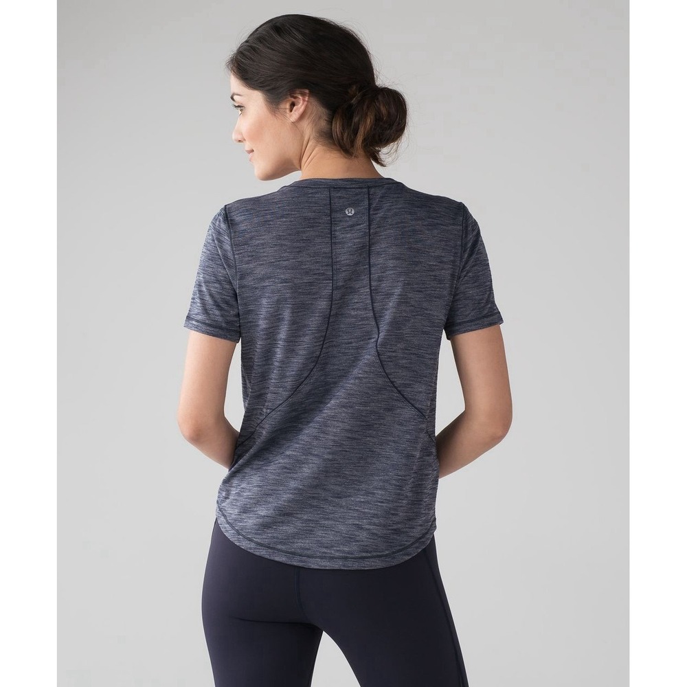 Lululemon Long Distance Short Sleeve Heathered Deep Navy Running Shirt Size 10